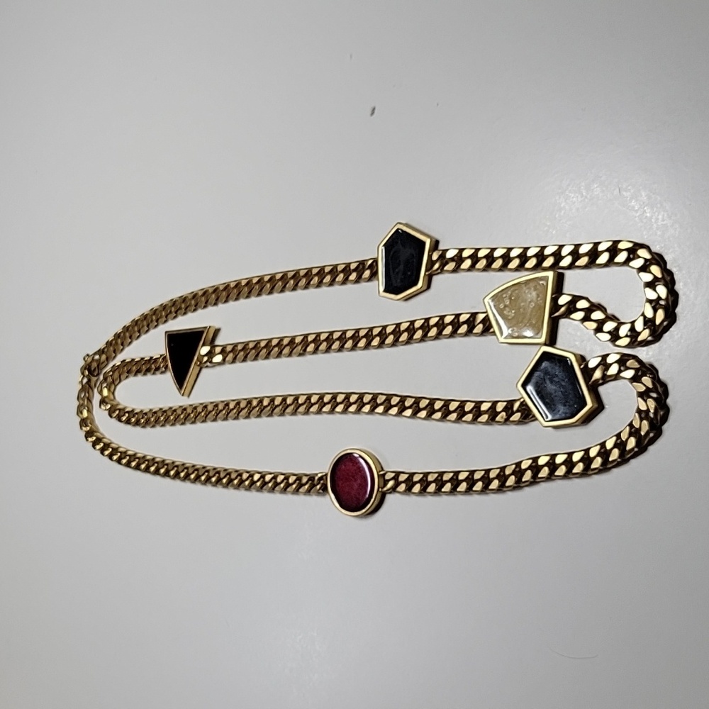 1980s Monet Signed Modernist Gold Tone Enamel Necklace Red Black Yellow Chunky
